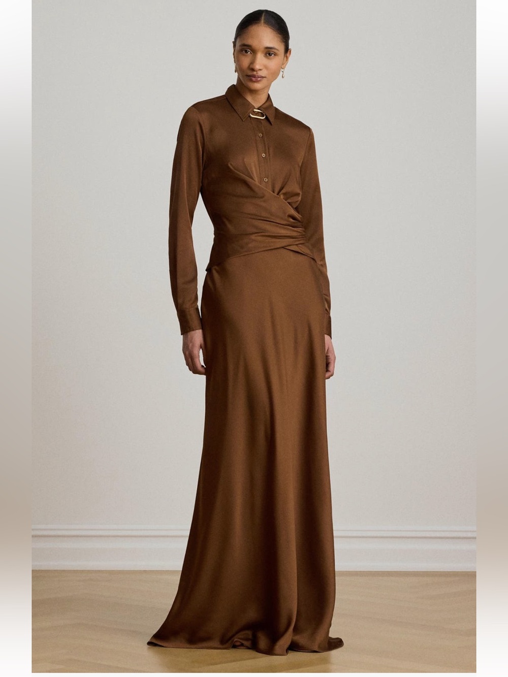 Lauren Ralph Lauren Featherweight
Satin Charmeuse Shirtdress Gown wrap brown 10